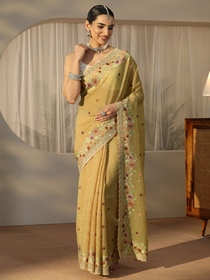 Libas Art Mustard Floral Embroidered Tissue Saree