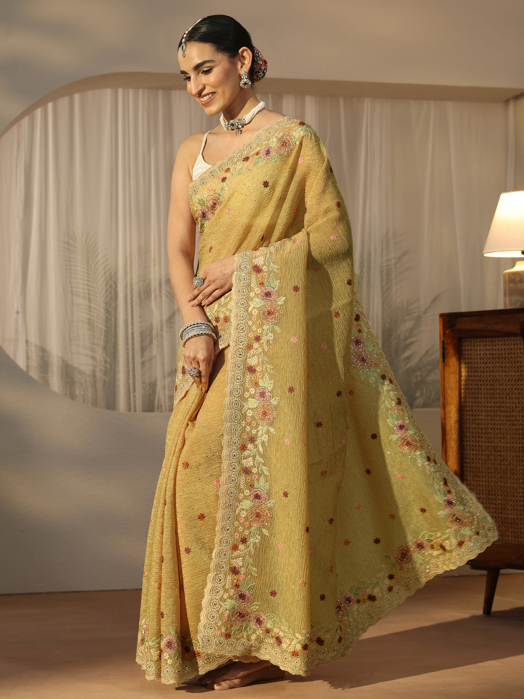 Libas Art Mustard Floral Embroidered Tissue Saree