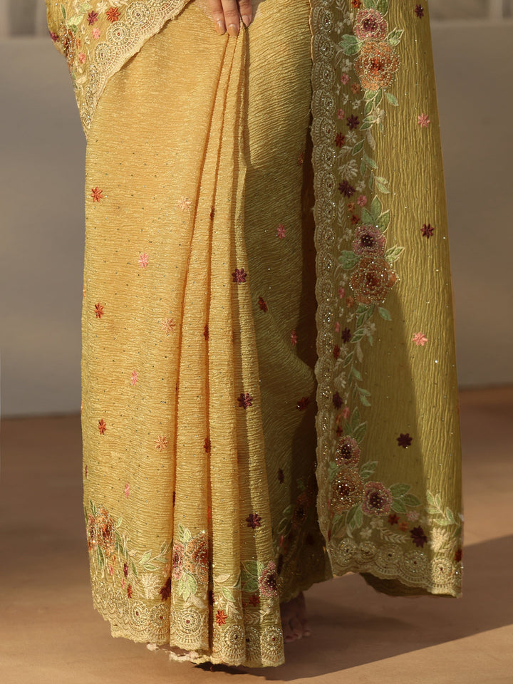 Libas Art Mustard Floral Embroidered Tissue Saree
