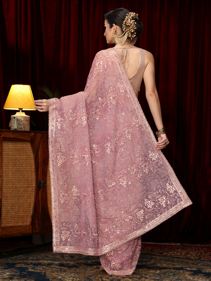 Libas Art Lavender Floral Sequin Embellished Tissue Saree