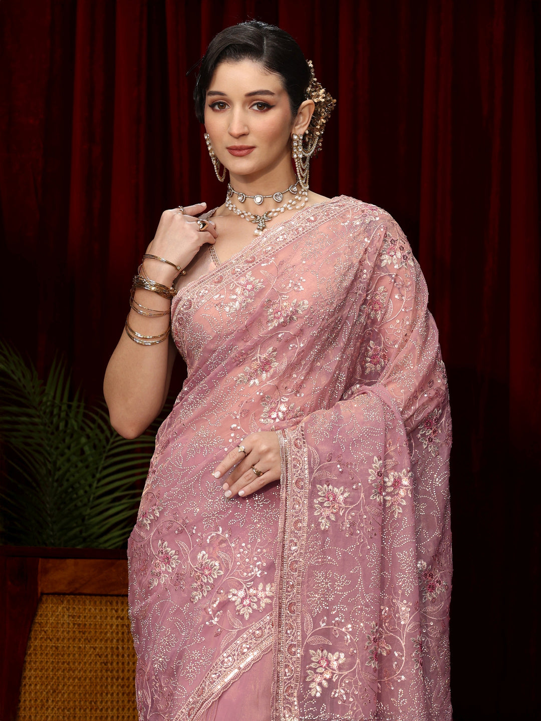 Libas Art Lavender Floral Sequin Embellished Tissue Saree