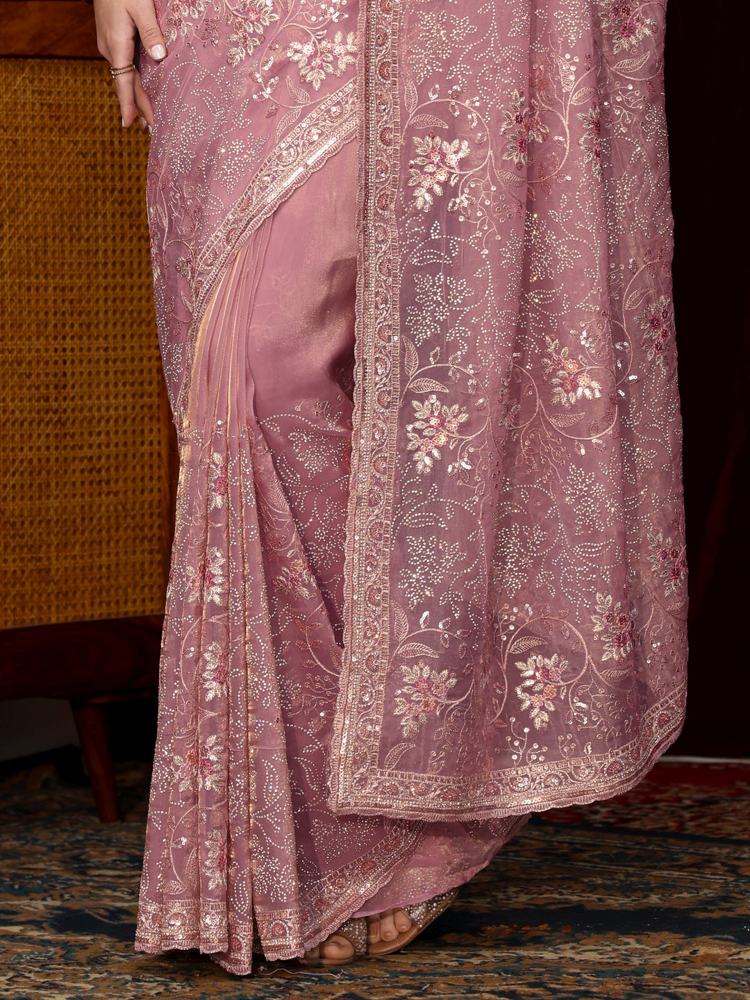 Libas Art Lavender Floral Sequin Embellished Tissue Saree
