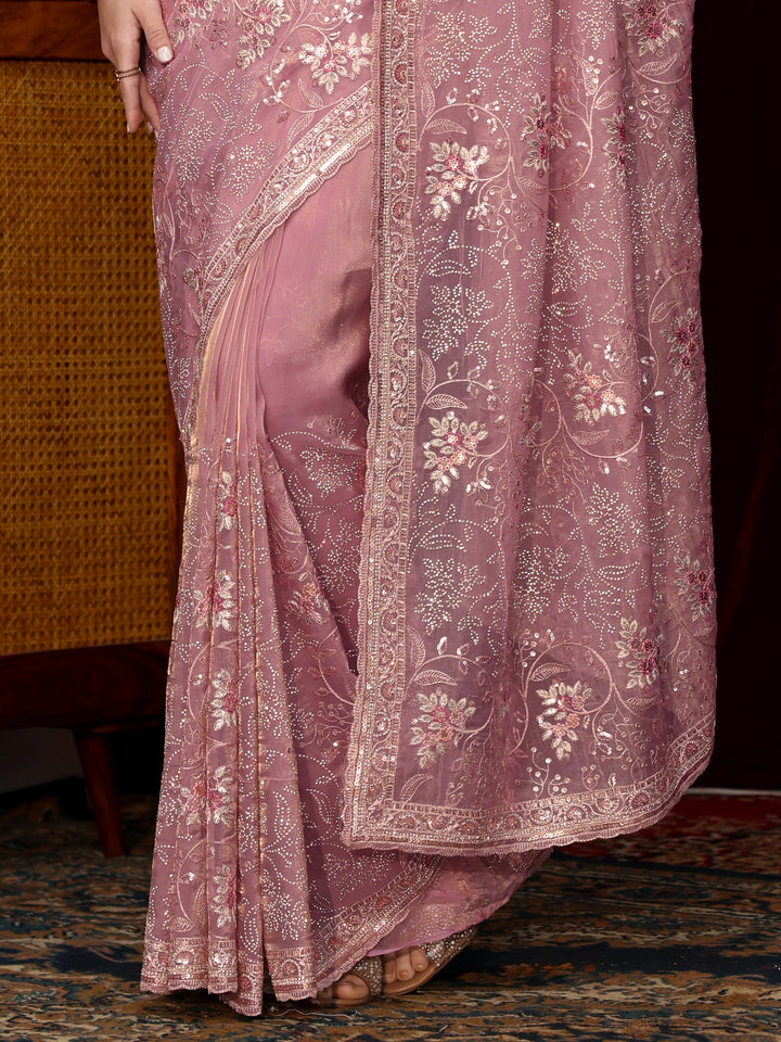 Libas Art Lavender Floral Sequin Embellished Tissue Saree