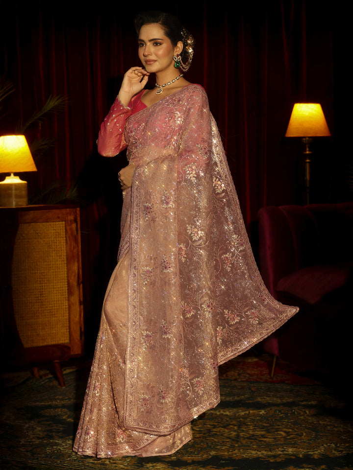 Libas Art Beige Floral Embellished Tissue Saree