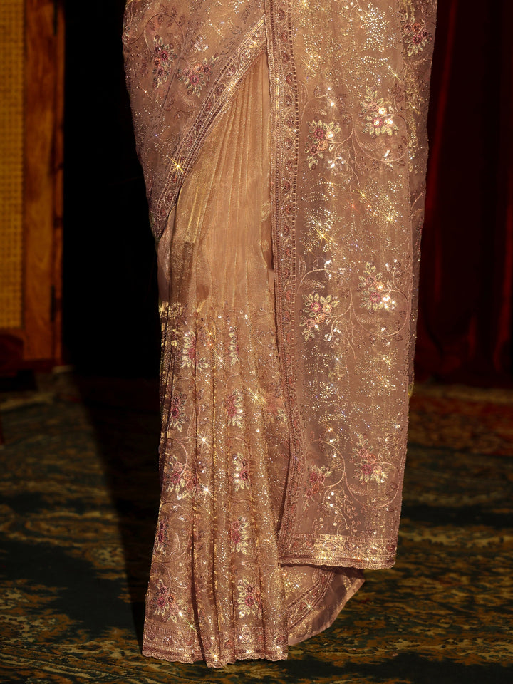 Libas Art Beige Floral Embellished Tissue Saree