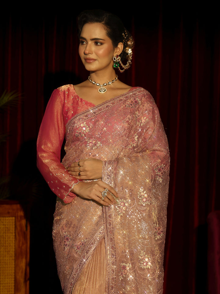 Libas Art Beige Floral Embellished Tissue Saree