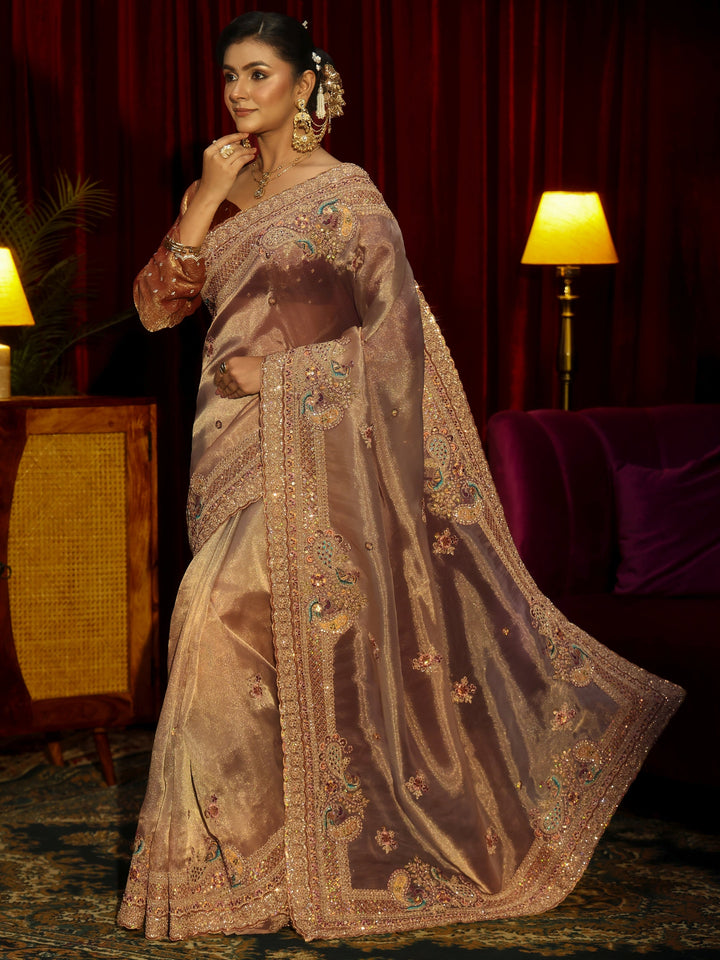 Libas Art Beige Sequin Embellished Tissue Saree