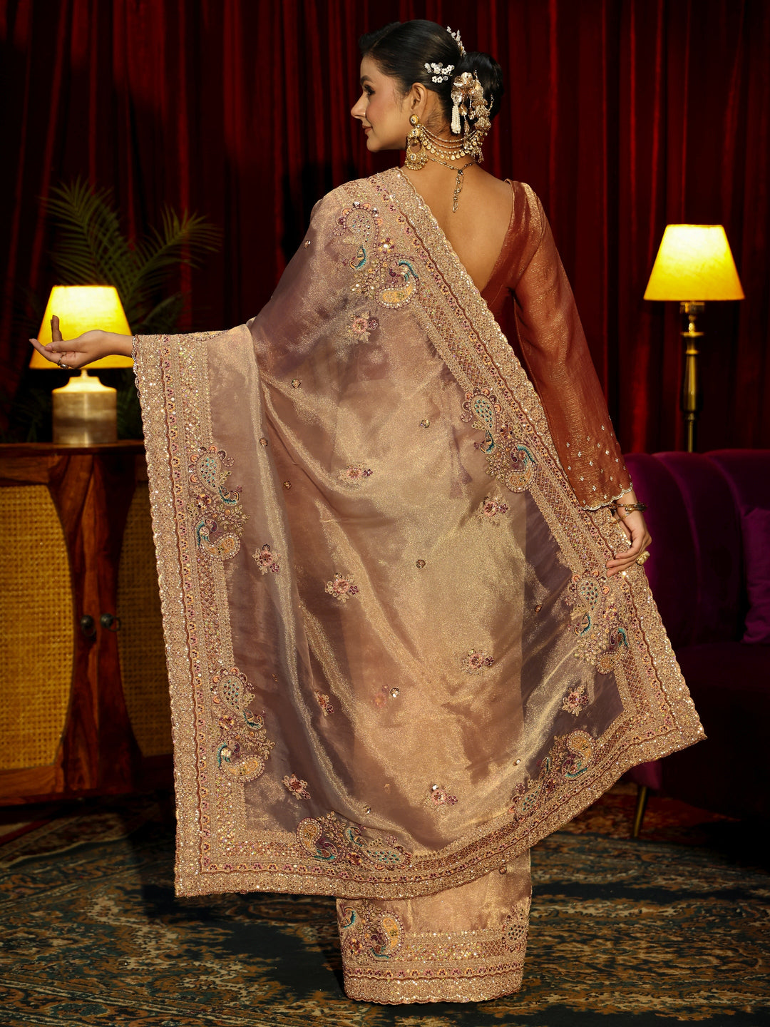 Libas Art Beige Sequin Embellished Tissue Saree