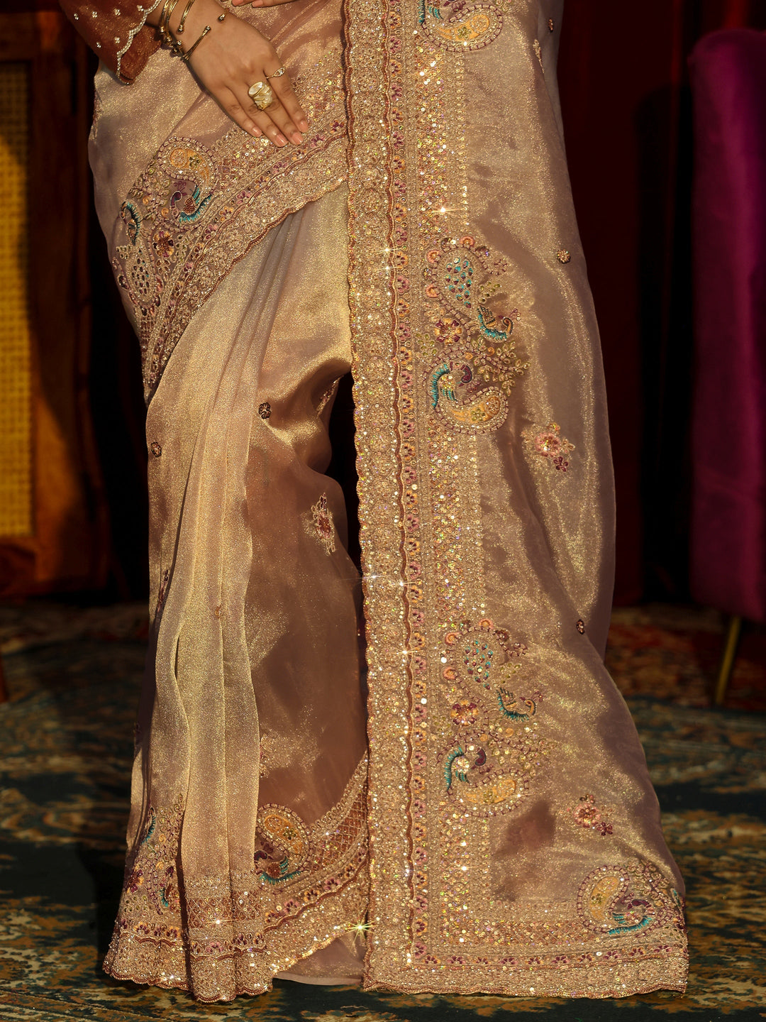 Libas Art Beige Sequin Embellished Tissue Saree