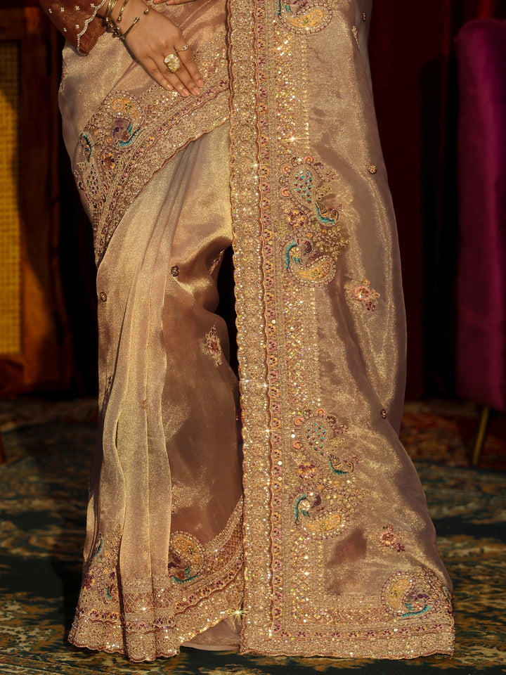 Libas Art Beige Sequin Embellished Tissue Saree