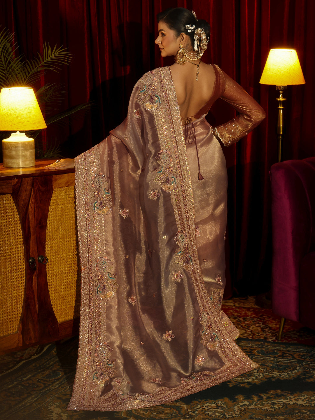 Libas Art Beige Sequin Embellished Tissue Saree