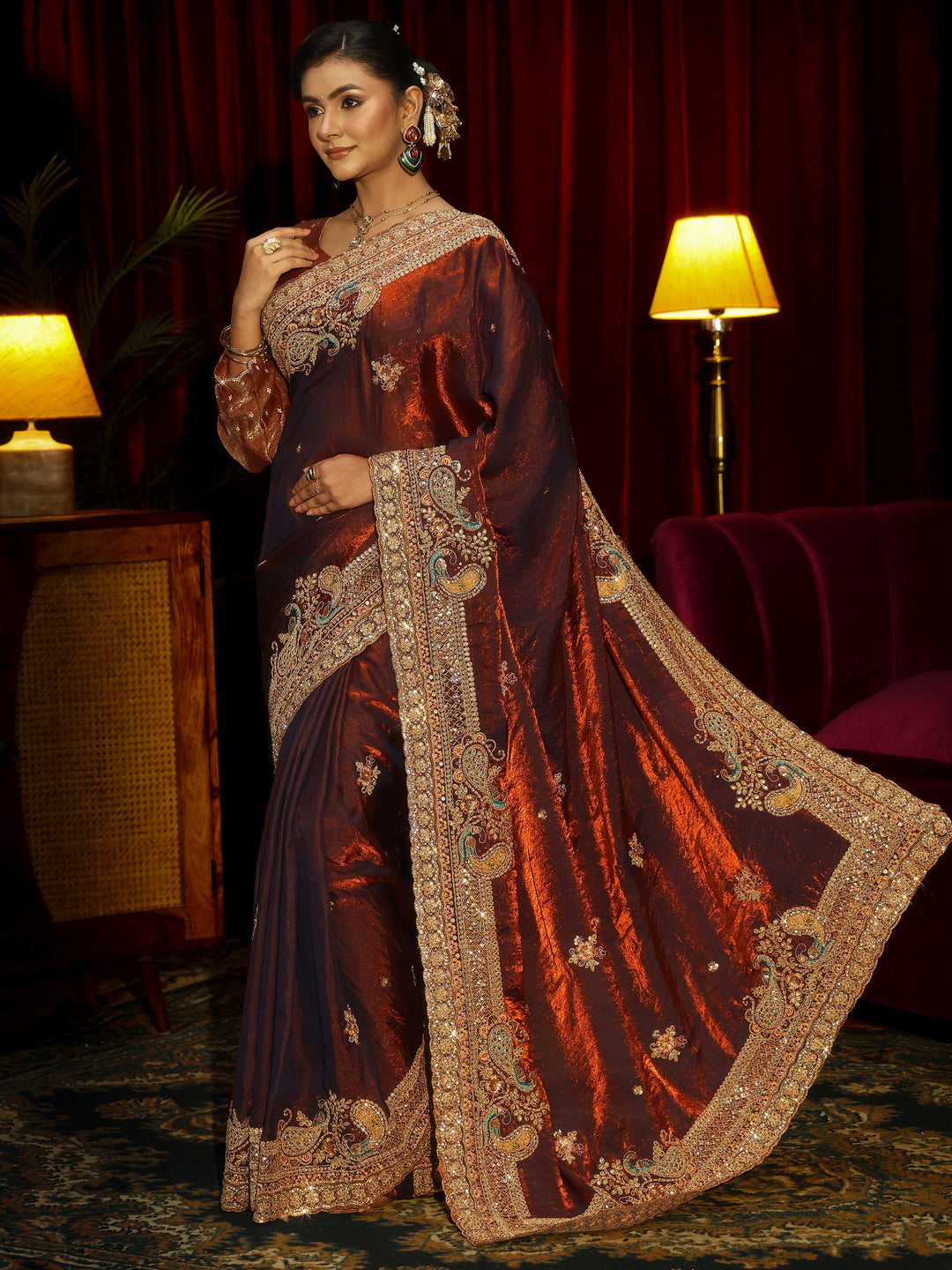 Libas Art Rust Brown Sequin Tissue Saree with Embellished Border