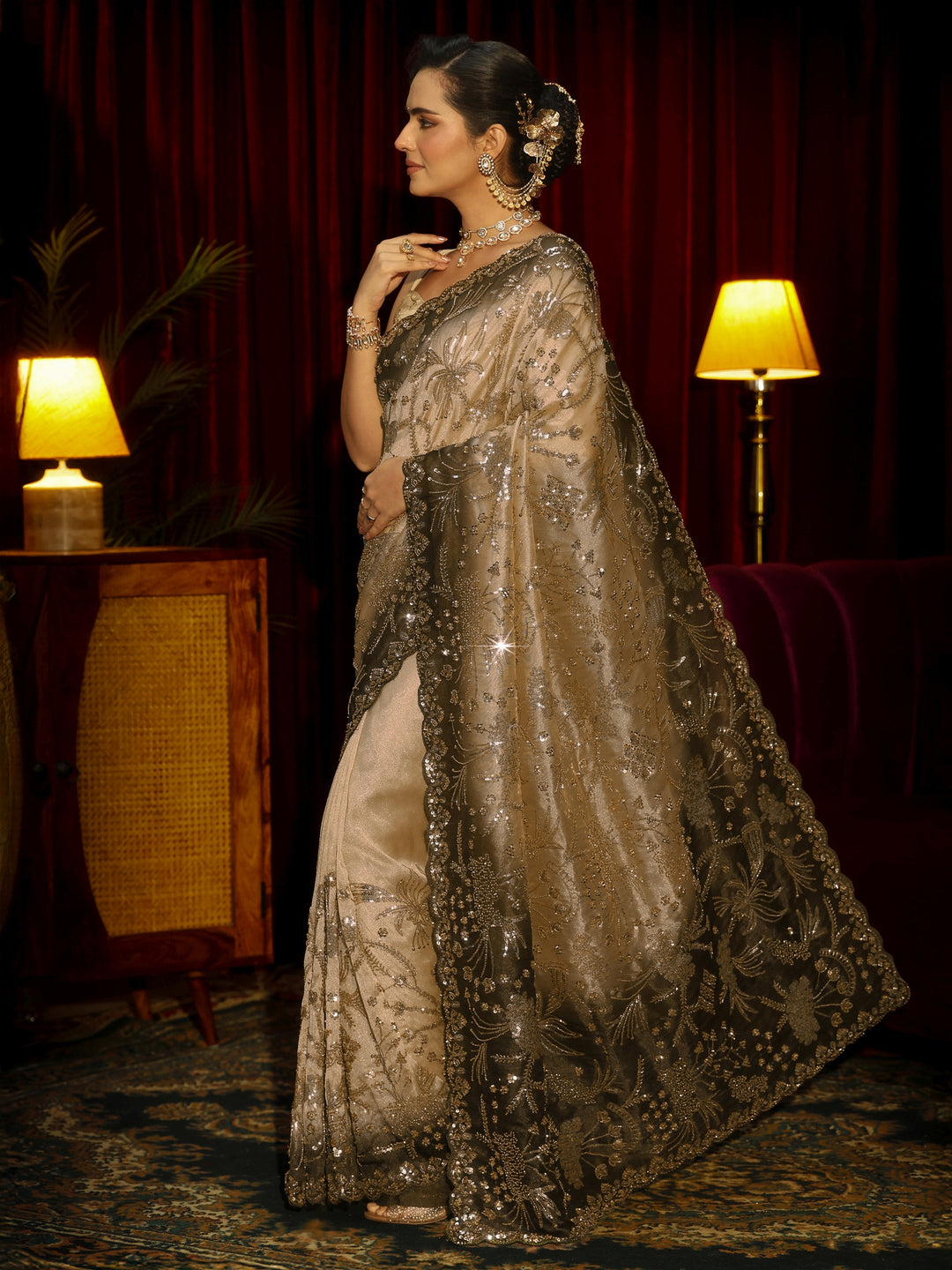 Libas Art Taupe Brown Sequin Embellished Tissue Saree