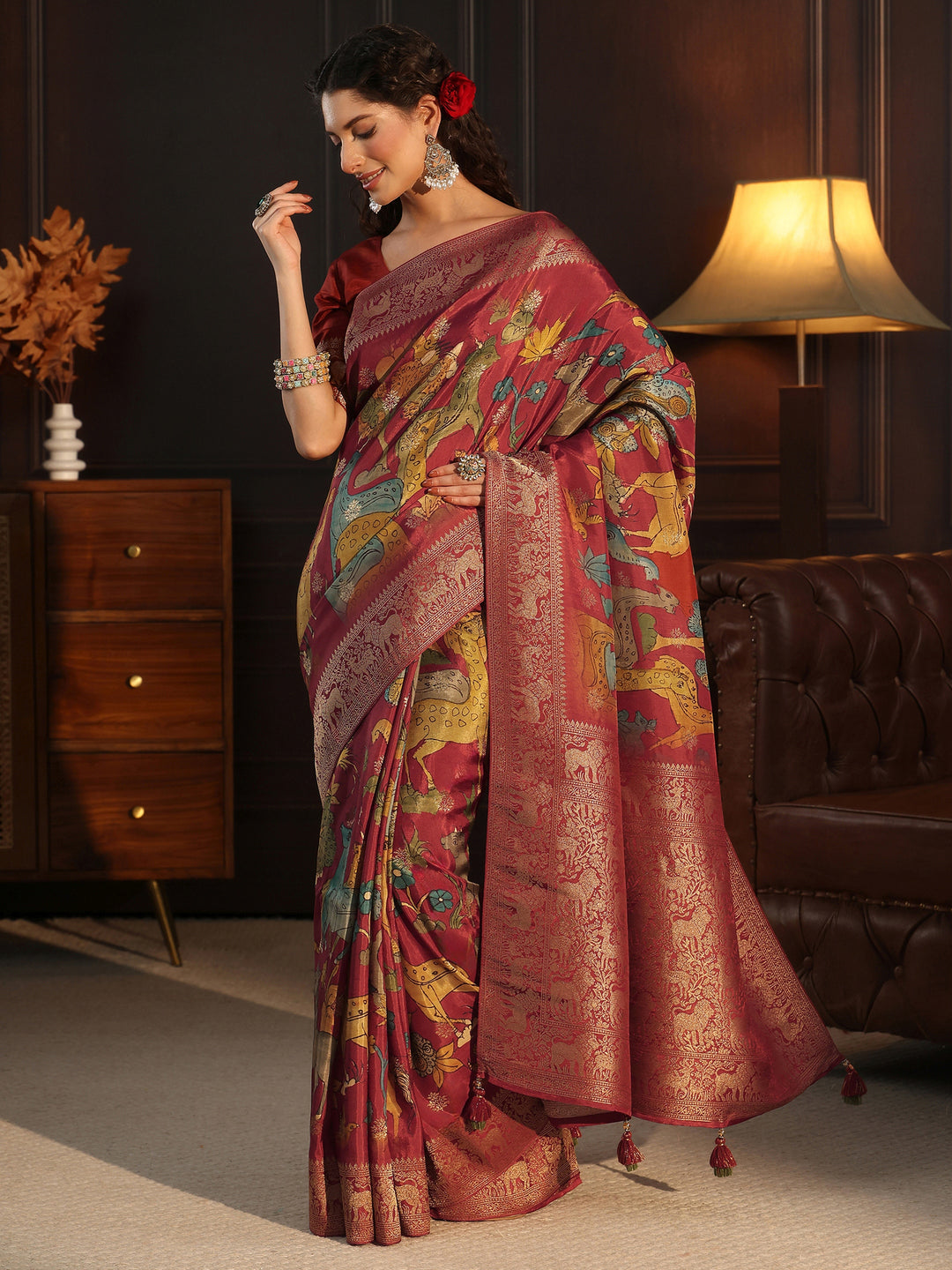 Libas Art Rust Red Kalamkari Print Silk Blend Tassel Saree
