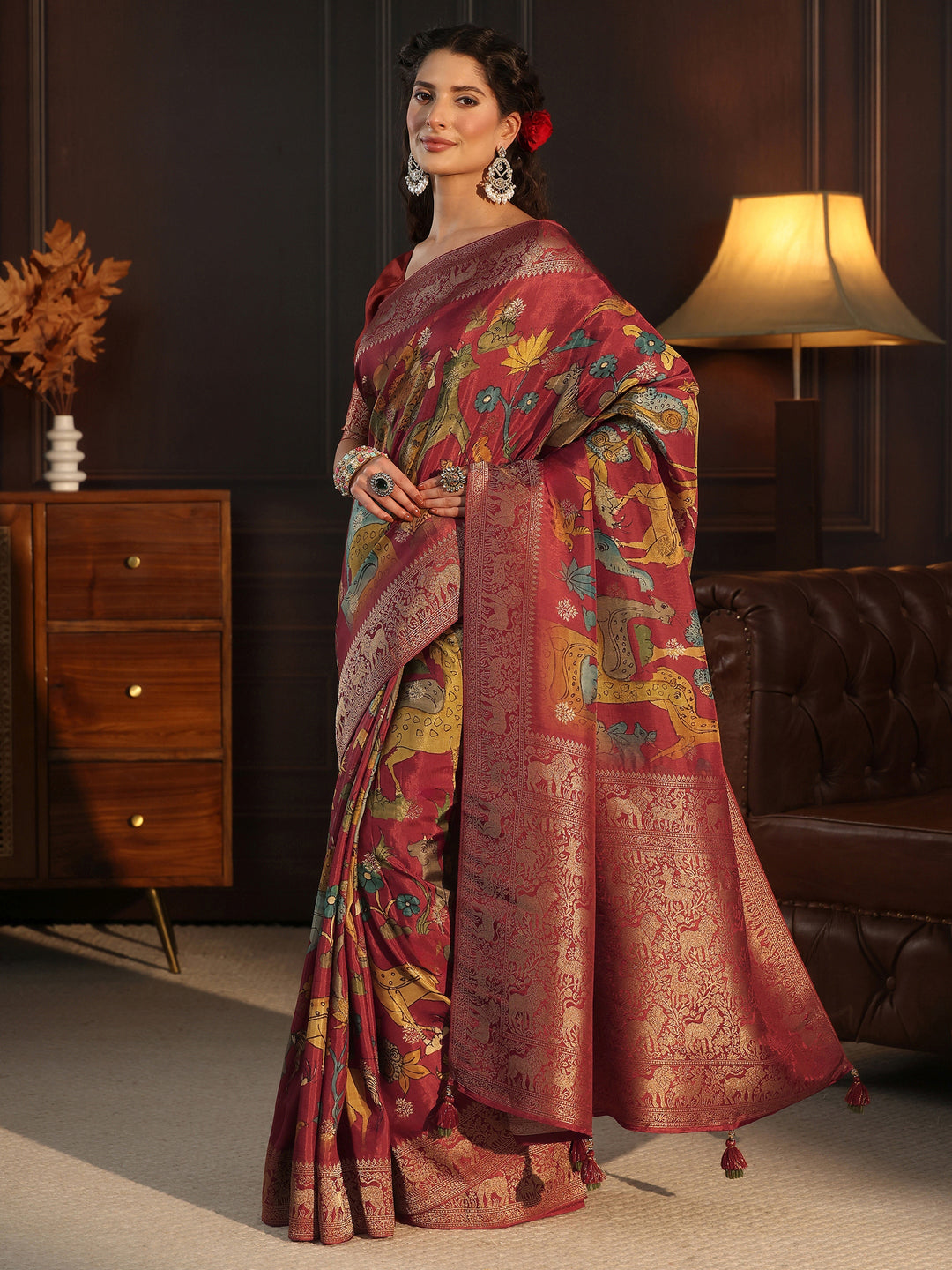 Libas Art Rust Red Kalamkari Print Silk Blend Tassel Saree