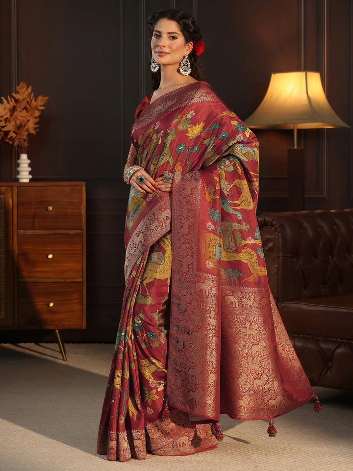 Libas Art Rust Red Kalamkari Print Silk Blend Tassel Saree
