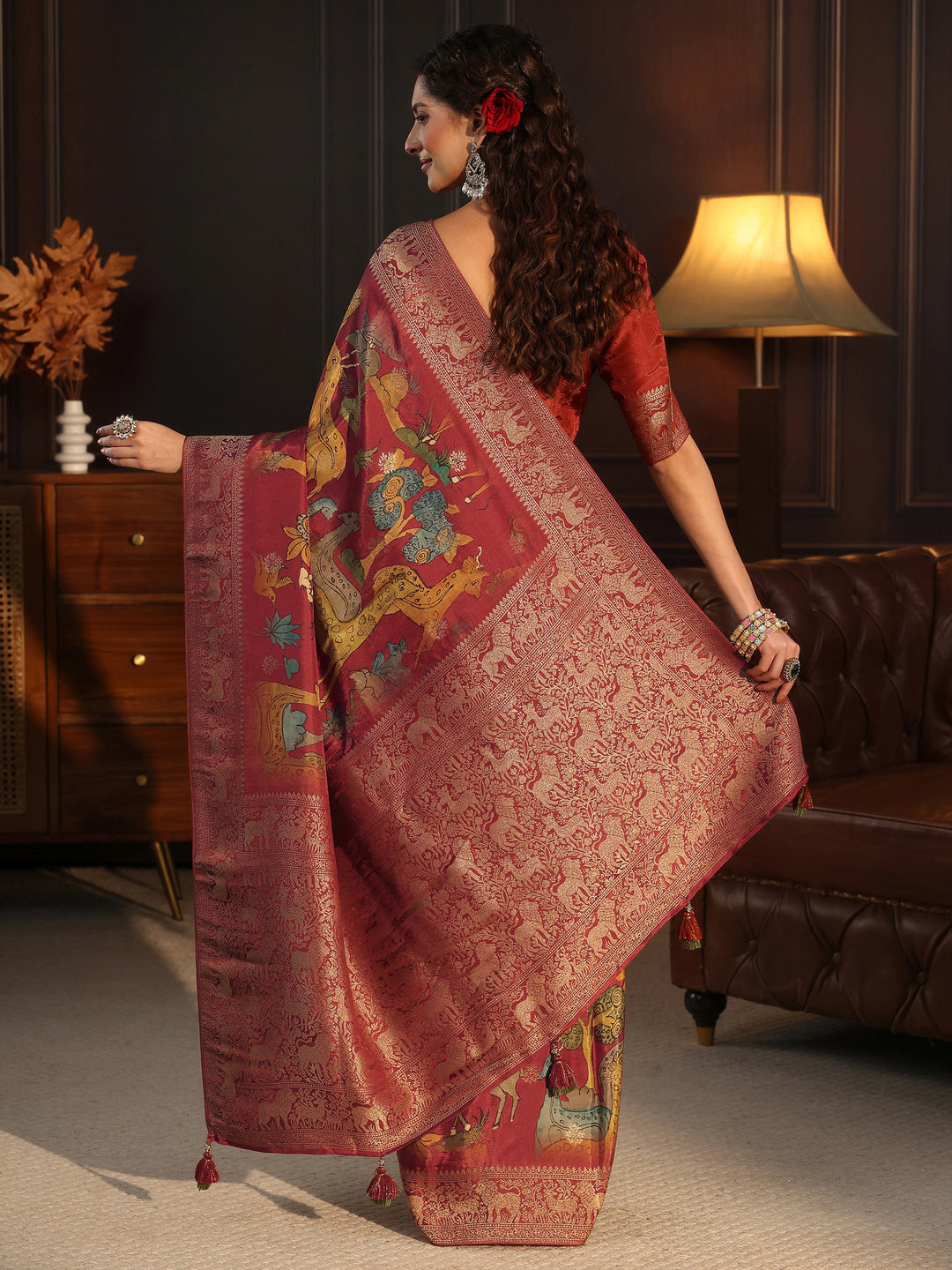 Libas Art Rust Red Kalamkari Print Silk Blend Tassel Saree
