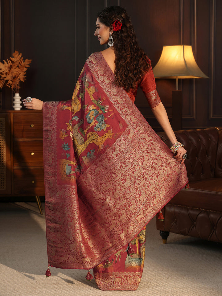 Libas Art Rust Red Kalamkari Print Silk Blend Tassel Saree