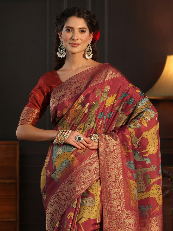 Libas Art Rust Red Kalamkari Print Silk Blend Tassel Saree