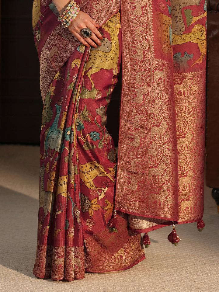 Libas Art Rust Red Kalamkari Print Silk Blend Tassel Saree