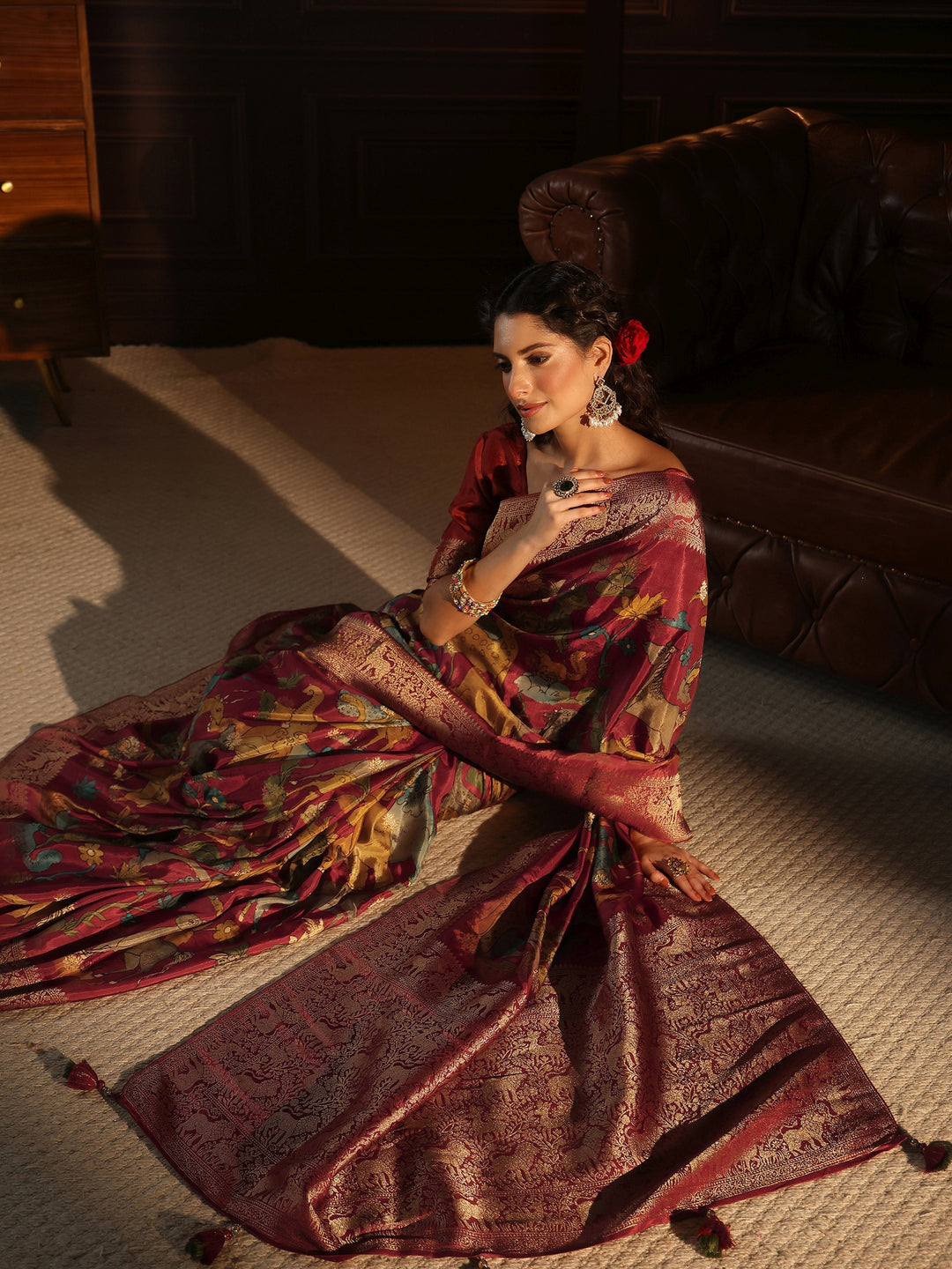 Libas Art Rust Red Kalamkari Print Silk Blend Tassel Saree