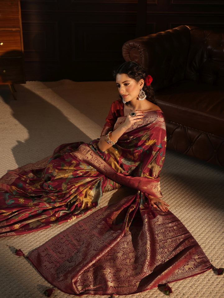Libas Art Rust Red Kalamkari Print Silk Blend Tassel Saree