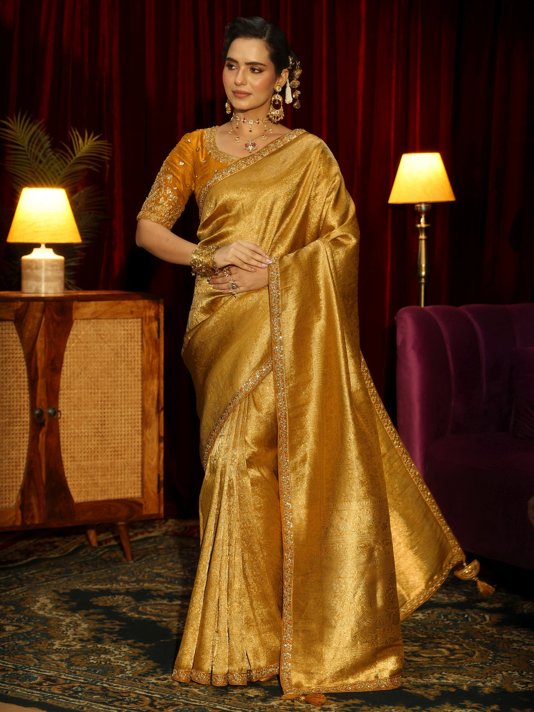 Libas Art Mustard Kalamkari Printed Silk Blend Saree