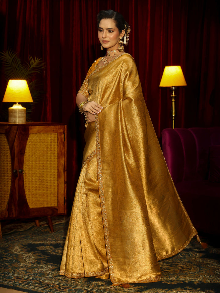 Libas Art Mustard Kalamkari Printed Silk Blend Saree