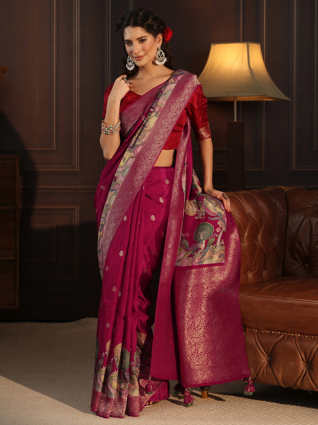 Libas Art Pink Kalamkari Print Silk Blend Tassel Saree