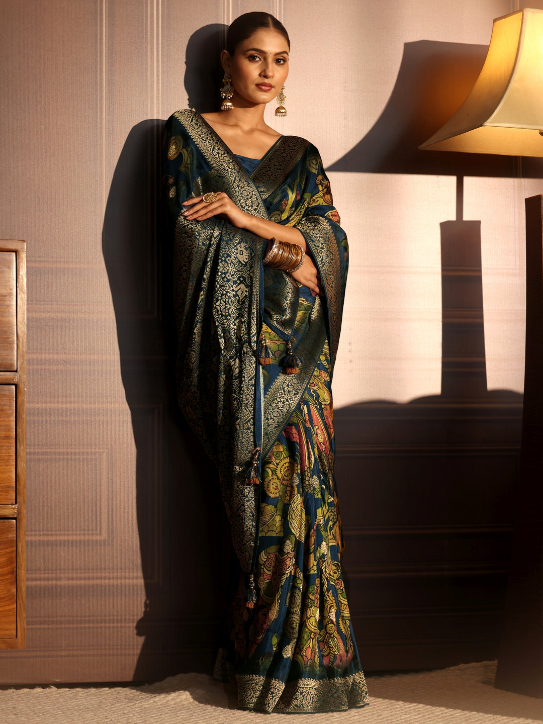 Libas Art Navy Blue Kalamkari Print Silk Blend Tassel Saree