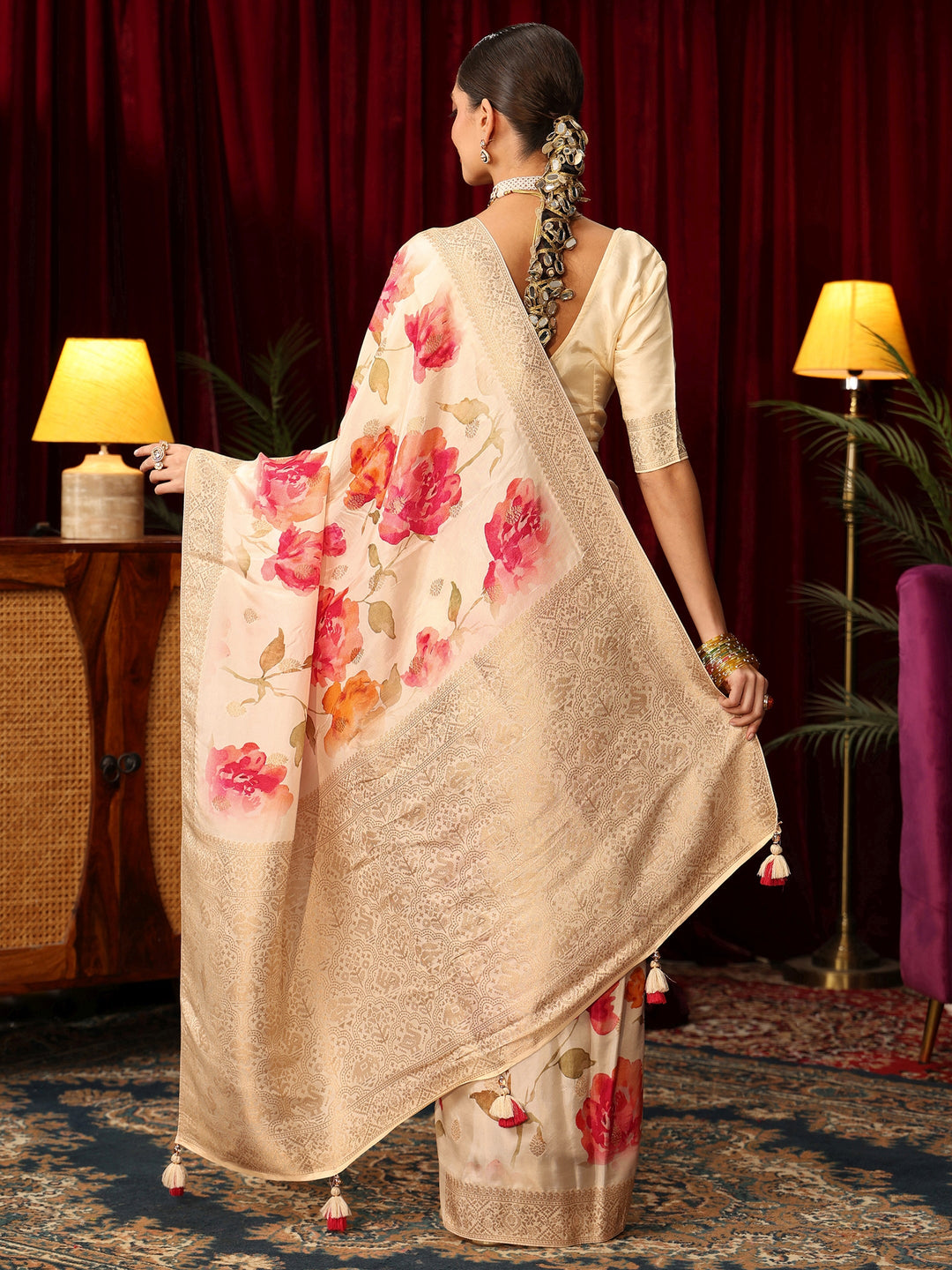 Libas Art Cream Floral Printed Silk Blend Saree with Woven Design Border