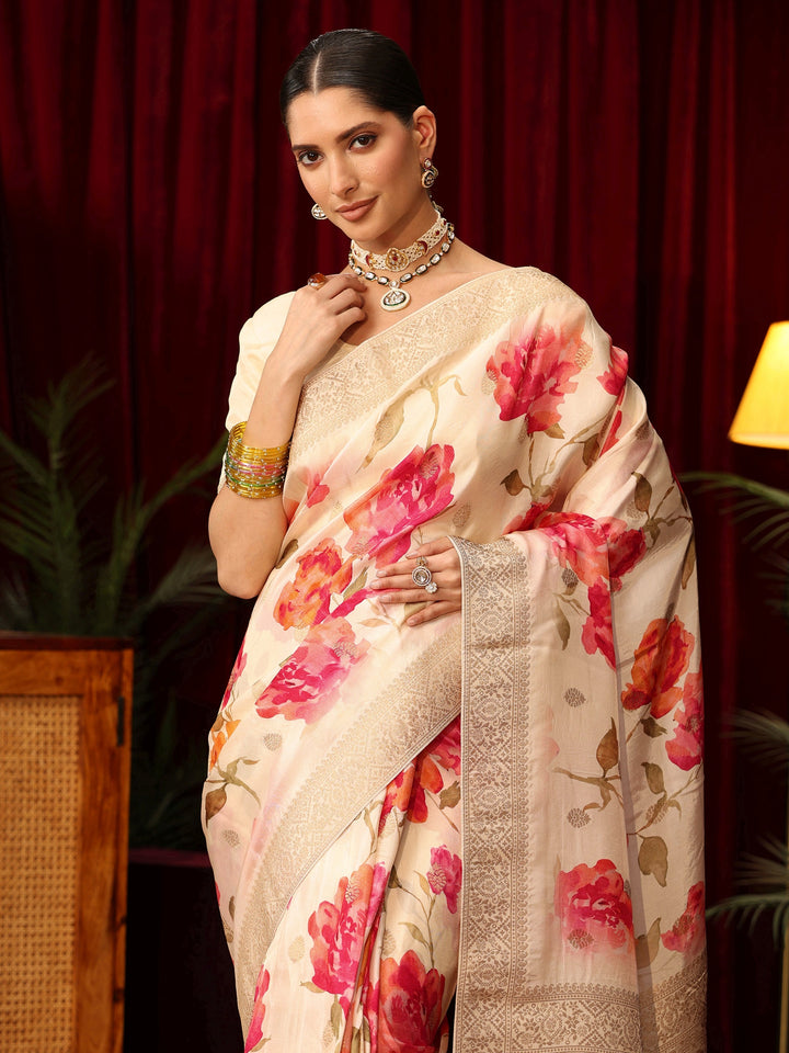 Libas Art Cream Floral Printed Silk Blend Saree with Woven Design Border