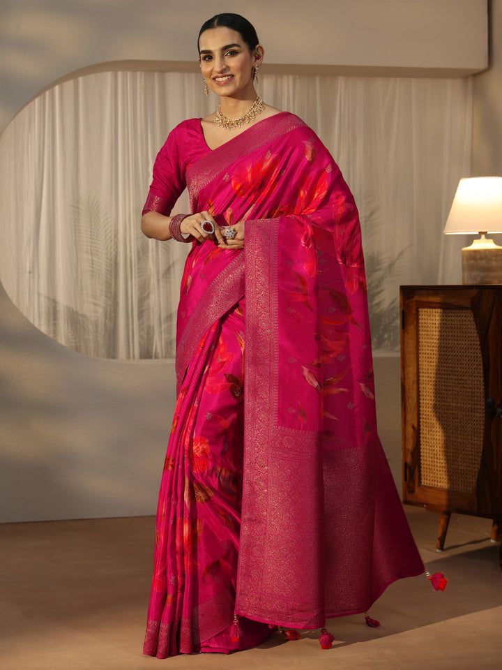 Libas Art Fuchsia Pink Floral Printed Silk Blend Saree