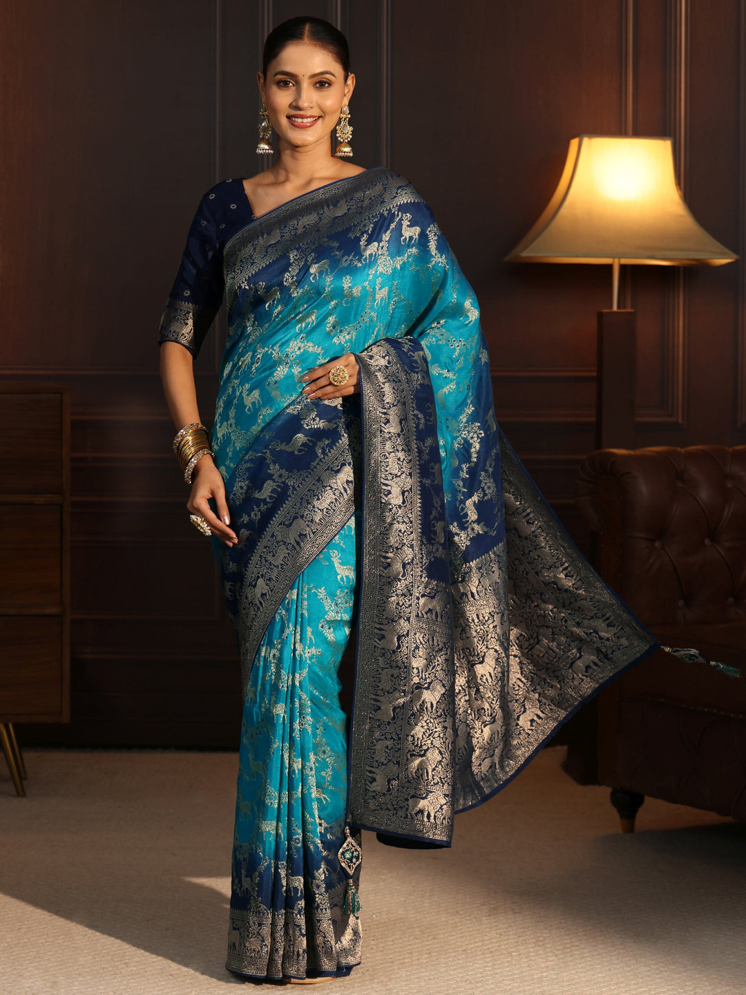 Libas Art Blue Animal Motifs Woven Design Silk Blend Ombre Saree
