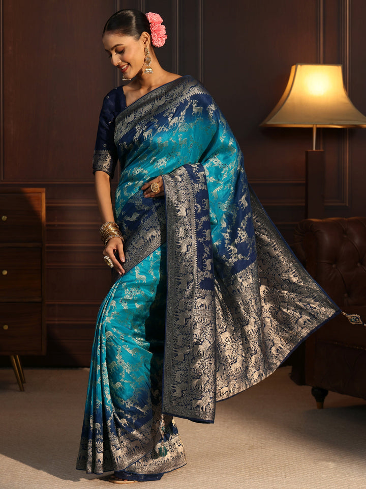 Libas Art Blue Animal Motifs Woven Design Silk Blend Ombre Saree