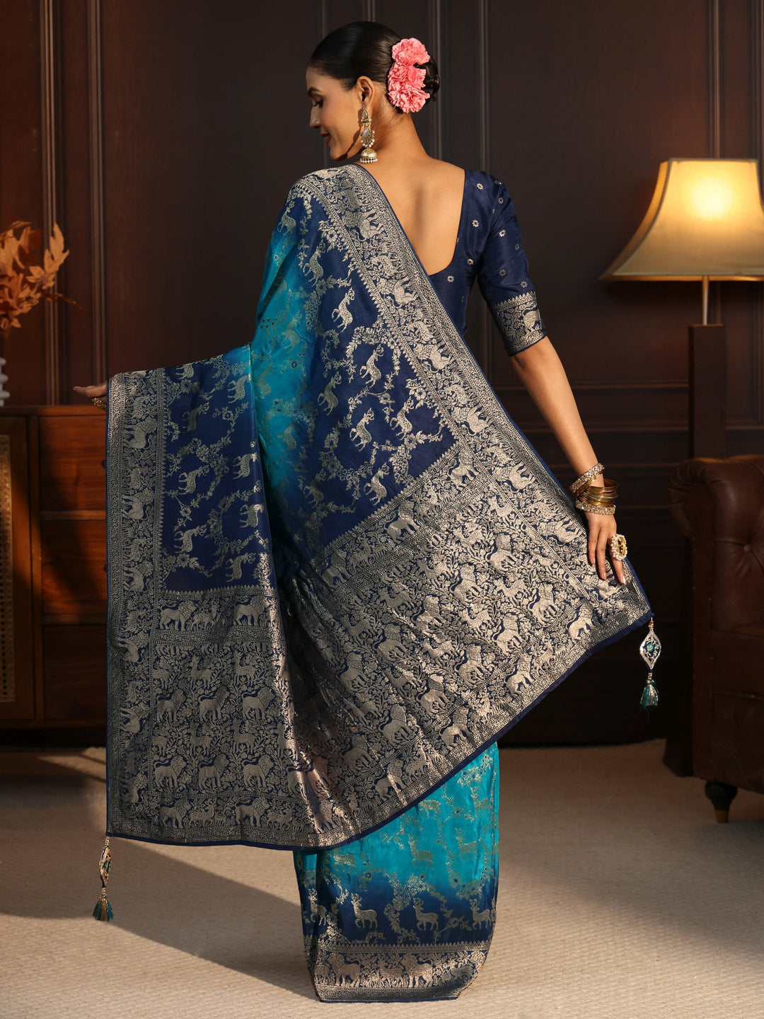 Libas Art Blue Animal Motifs Woven Design Silk Blend Ombre Saree