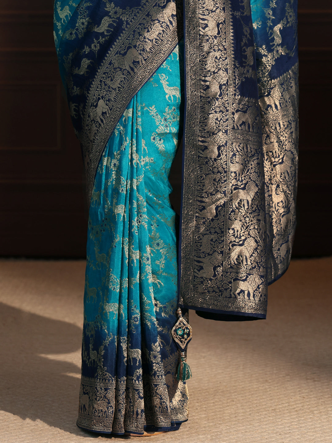 Libas Art Blue Animal Motifs Woven Design Silk Blend Ombre Saree