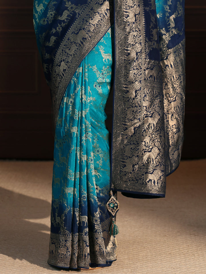 Libas Art Blue Animal Motifs Woven Design Silk Blend Ombre Saree