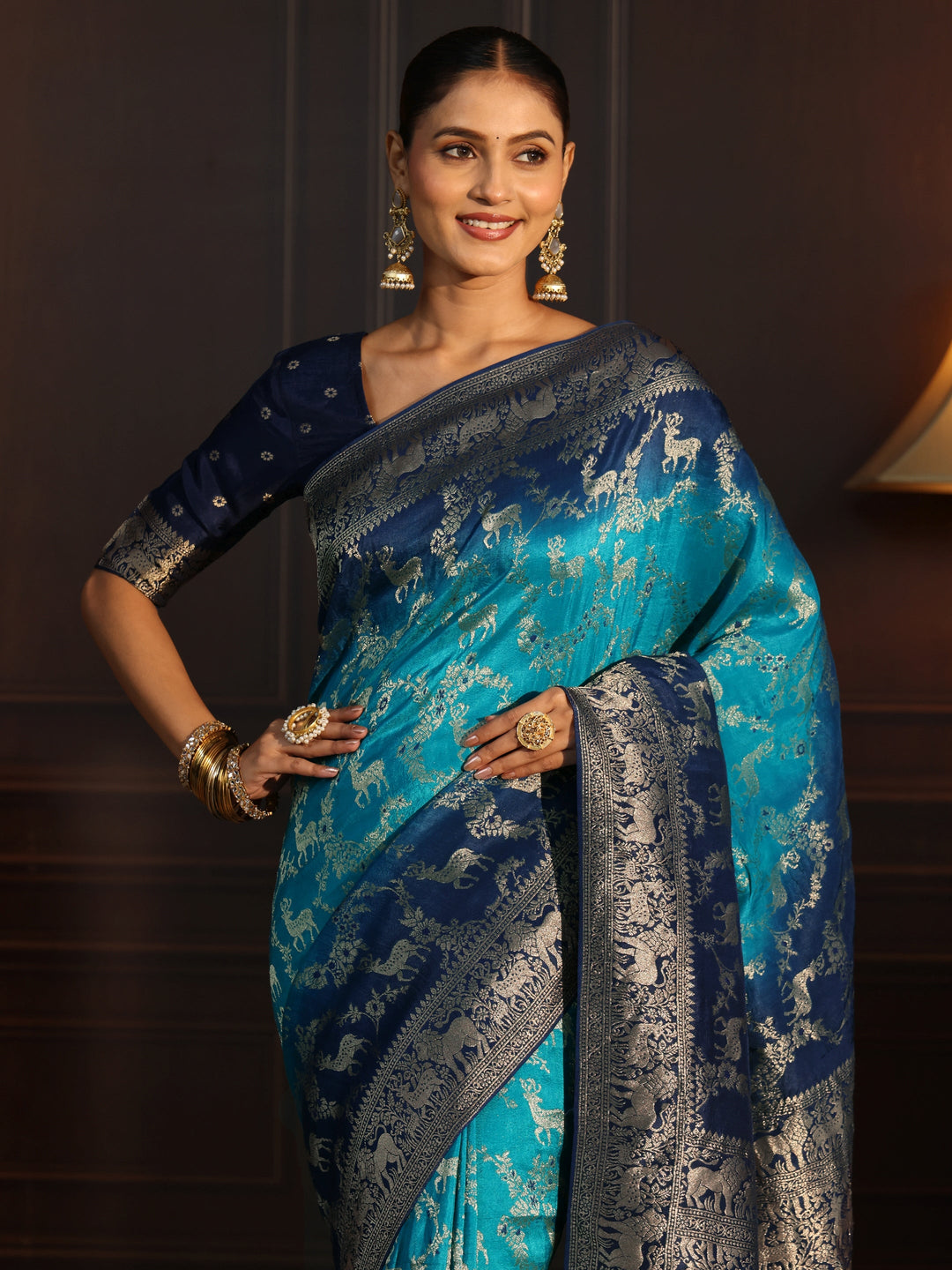 Libas Art Blue Animal Motifs Woven Design Silk Blend Ombre Saree