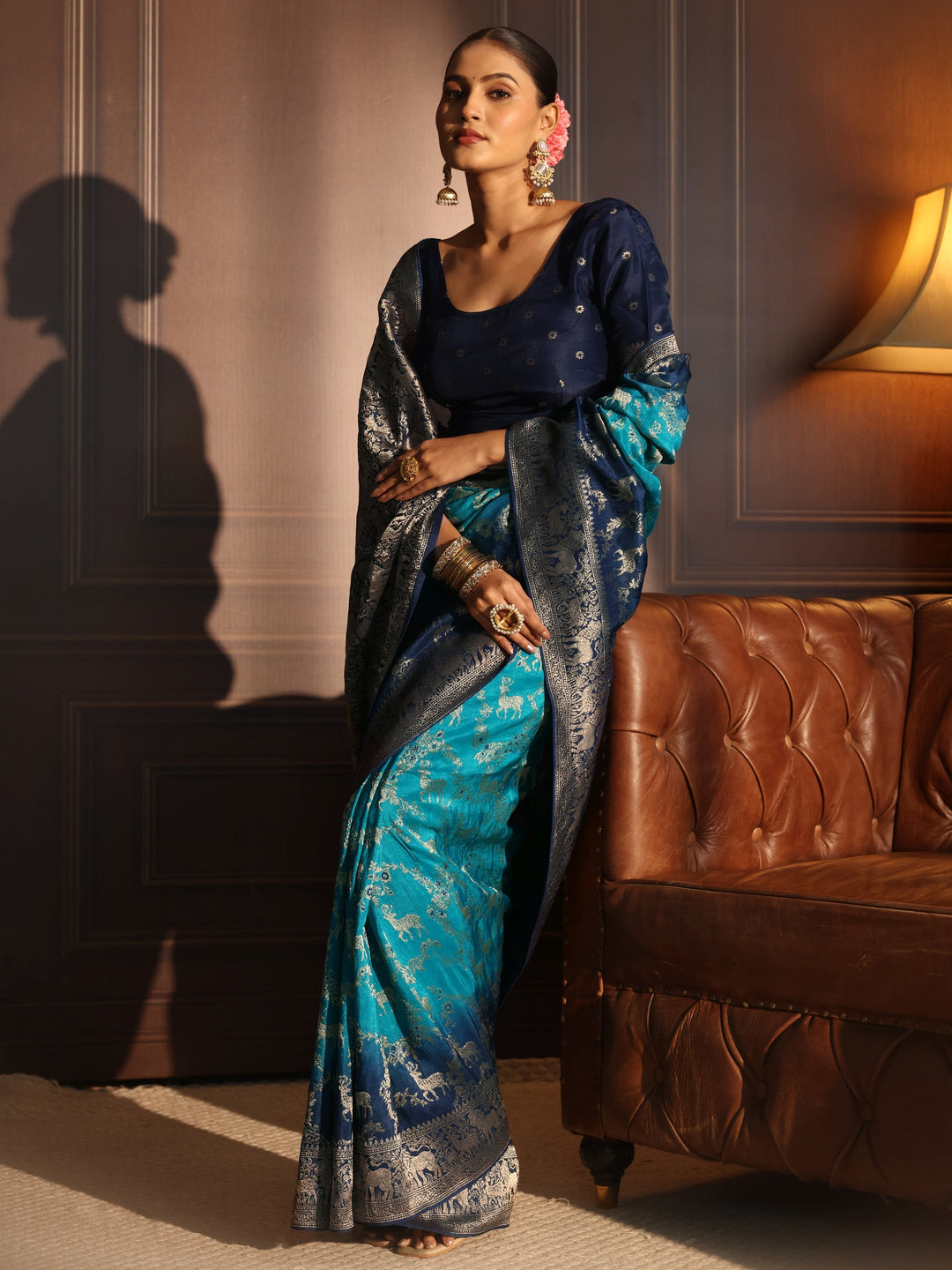 Libas Art Blue Animal Motifs Woven Design Silk Blend Ombre Saree