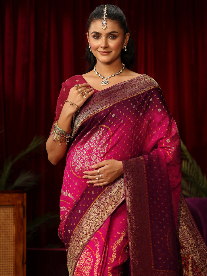 Libas Art Ombre Pink Bandhani Silk Blend Saree with Woven Floral Design