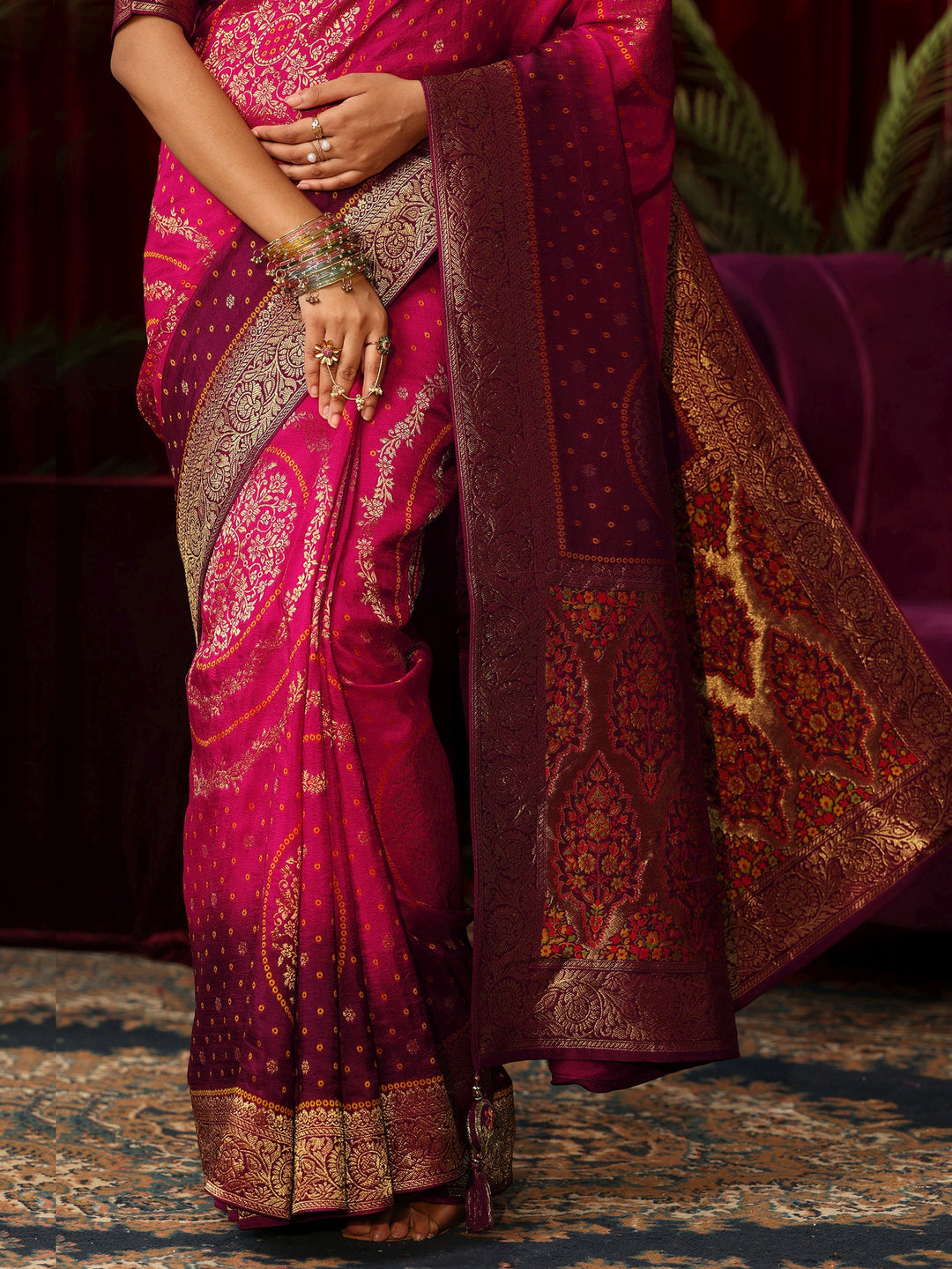 Libas Art Ombre Pink Bandhani Silk Blend Saree with Woven Floral Design