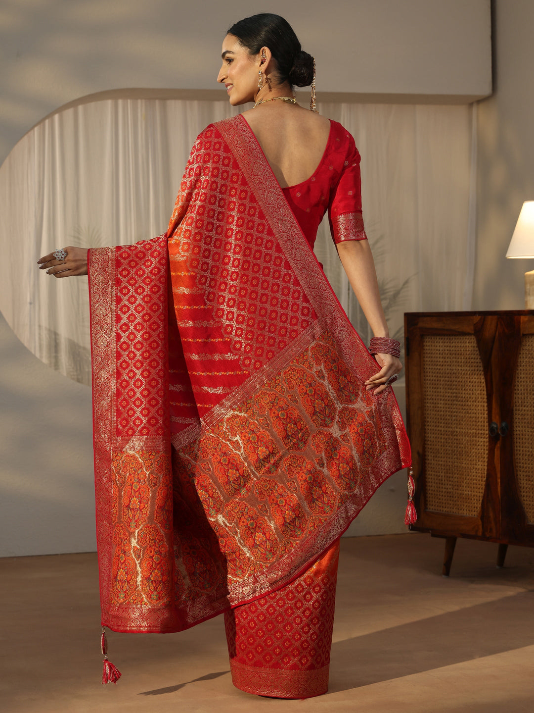 Libas Art Ombre Red and Orange Woven Design Silk Blend Saree