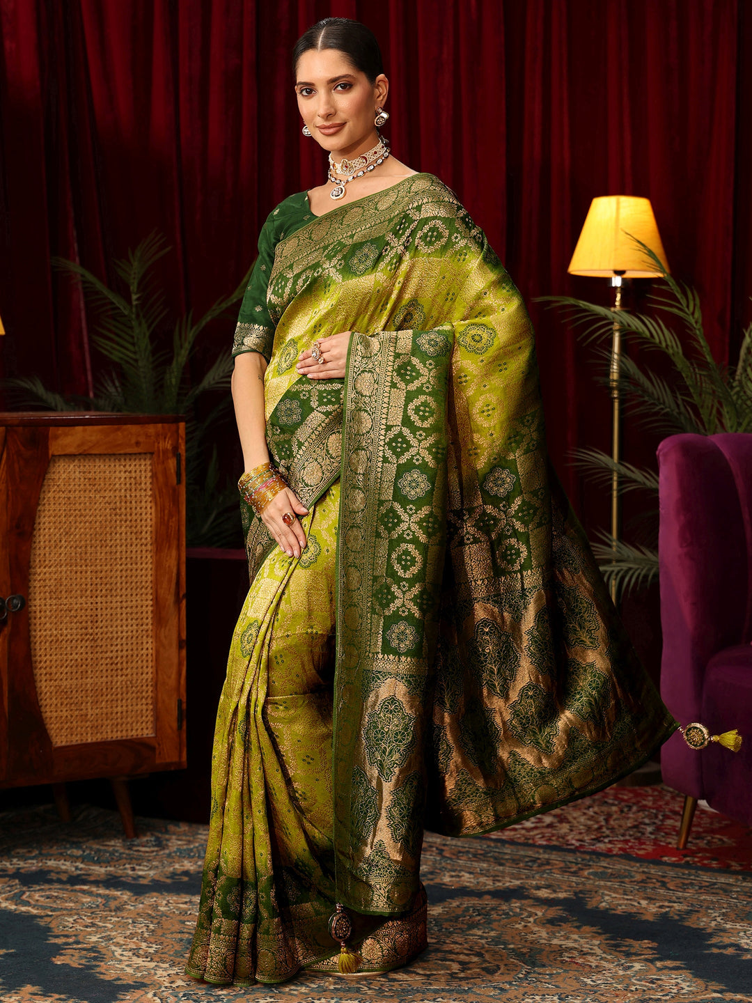 Libas Art Ombre Green Silk Blend Saree with Patola Pallu