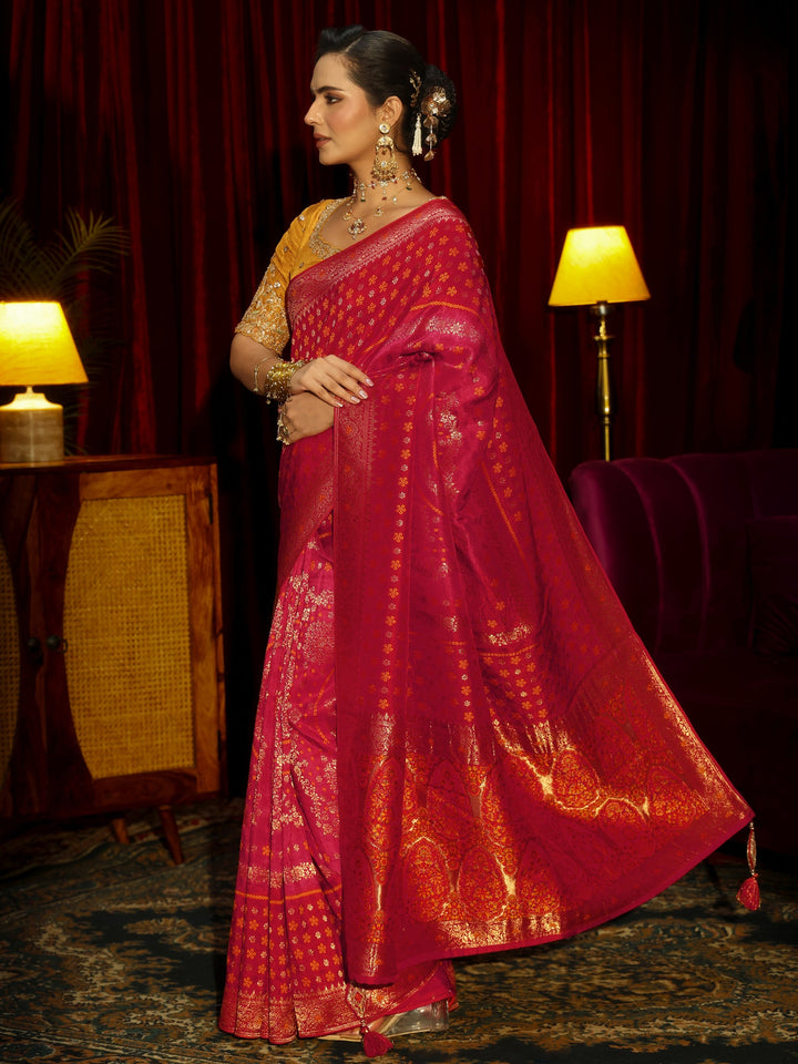 Libas Art Crimson Red Floral Woven Silk Blend Saree