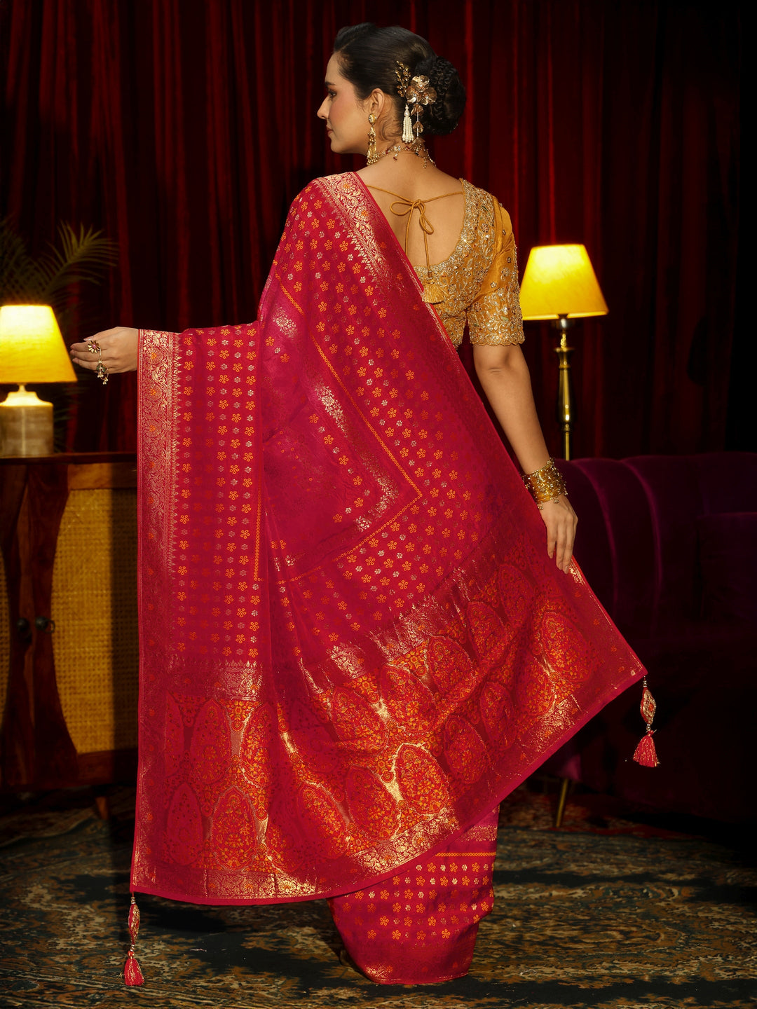 Libas Art Crimson Red Floral Woven Silk Blend Saree