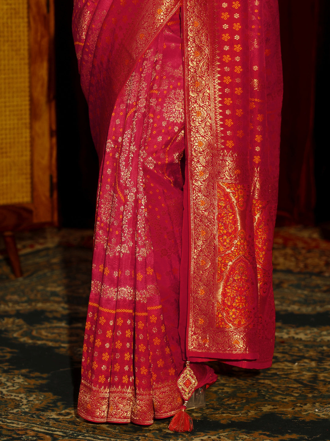Libas Art Crimson Red Floral Woven Silk Blend Saree