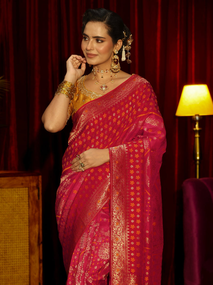 Libas Art Crimson Red Floral Woven Silk Blend Saree