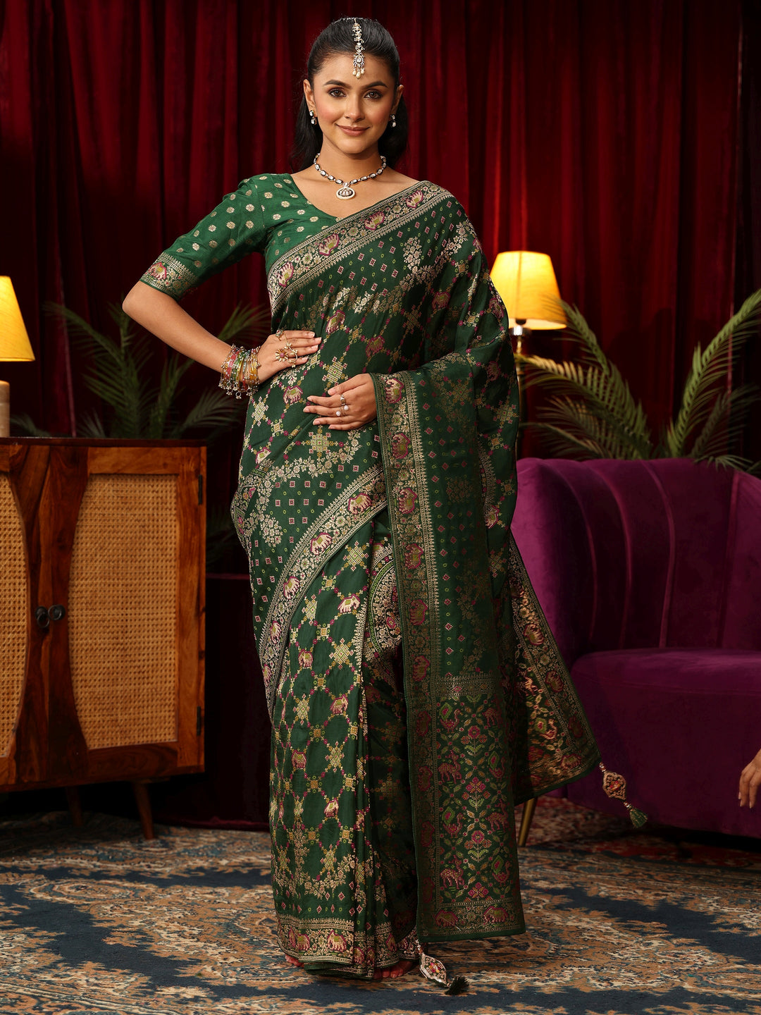 Libas Art Ombre Emerald Green Silk Blend Saree with Patola Pallu