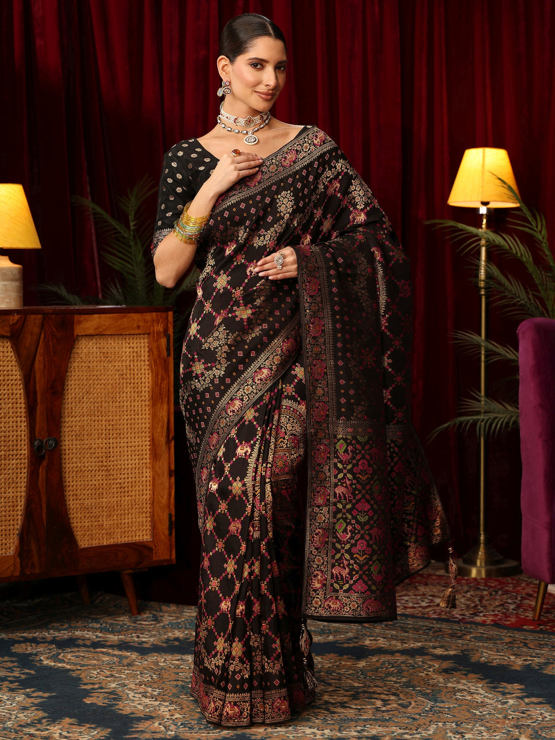 Libas Art Black Woven Design Silk Blend Saree with Patola Pallu